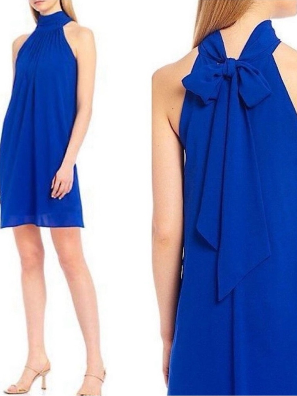 Belle Badgley Mischka Blue Halter Midi Dress Tie Neck Flowing Size 8